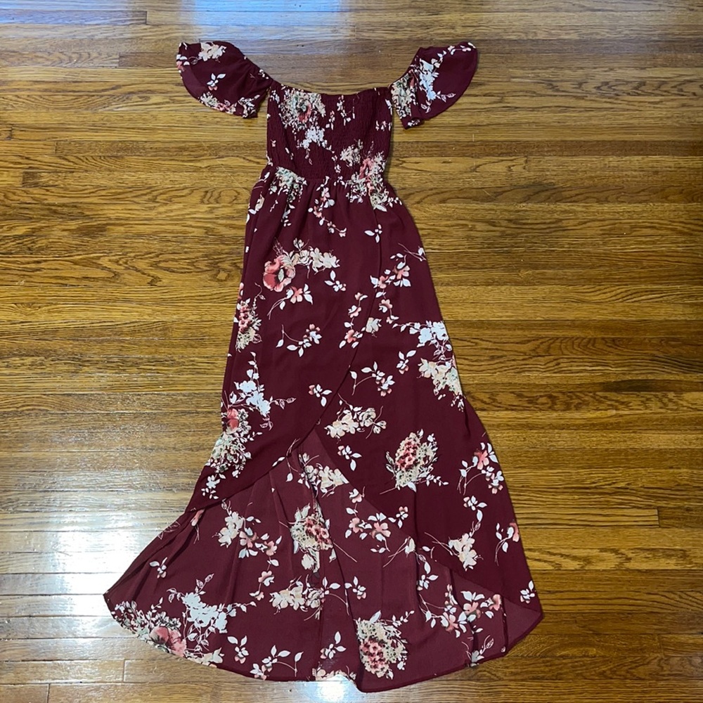 Wrap-Front Off-the-Shoulder Floral High-Low Dress